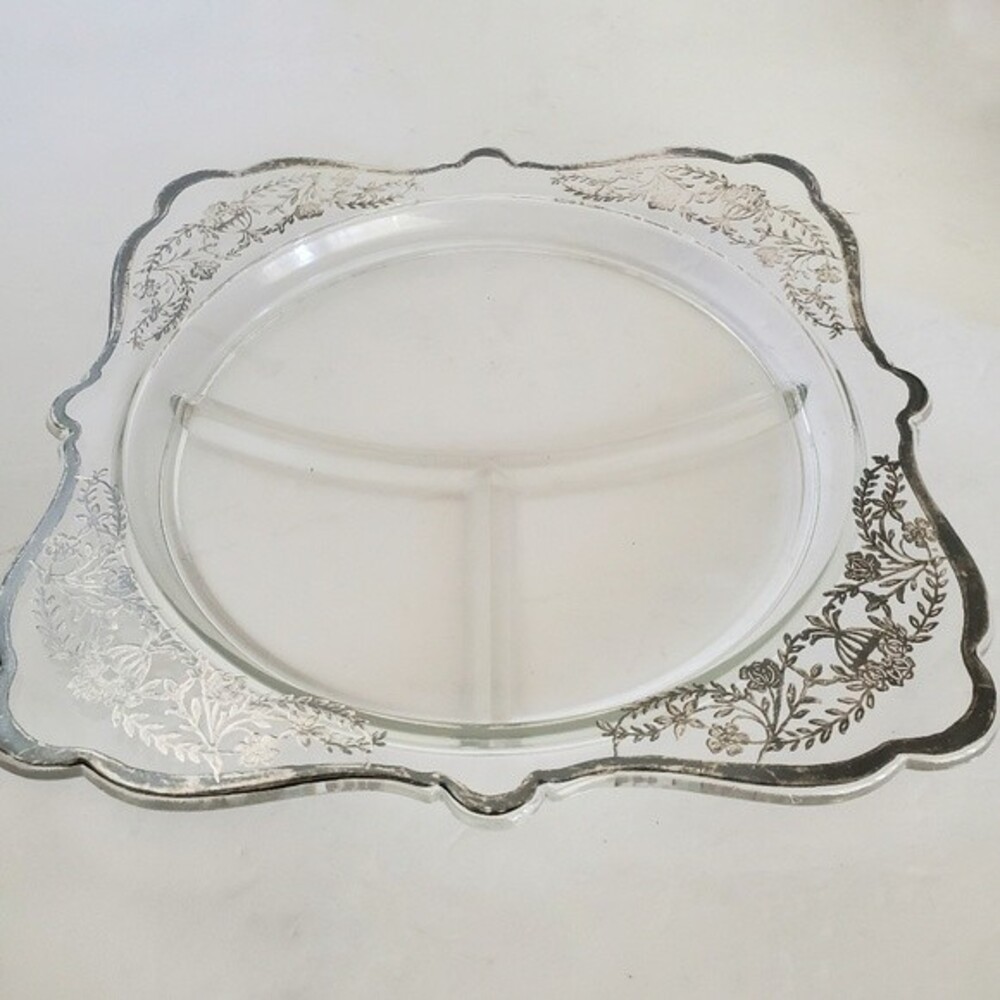 Vintage Imperial Glass Art Deco Silver Overlay Grill Plate Dish Roses & Urn - Picture 3 of 7